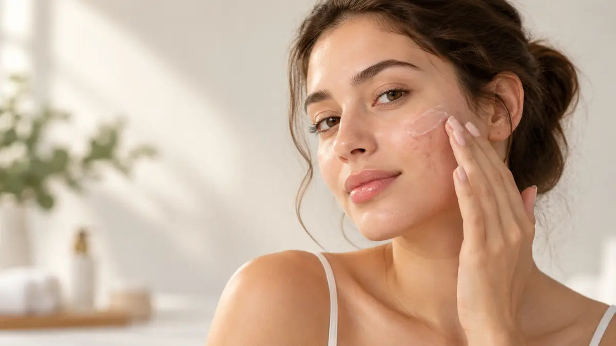 Woman following an Acne-Prone Skin Care routine with gentle cleansing and lightweight products for clearer-looking skin.