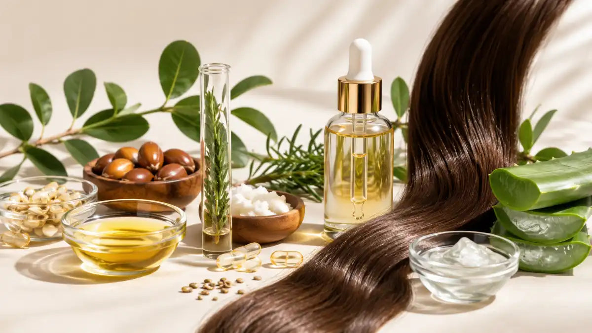 Hair care ingredients that support healthier hair growth in a clean cosmetic routine.