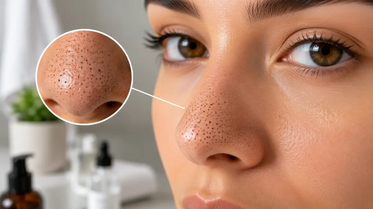 Woman examining Blackheads On Nose in a mirror while following a gentle skincare routine.