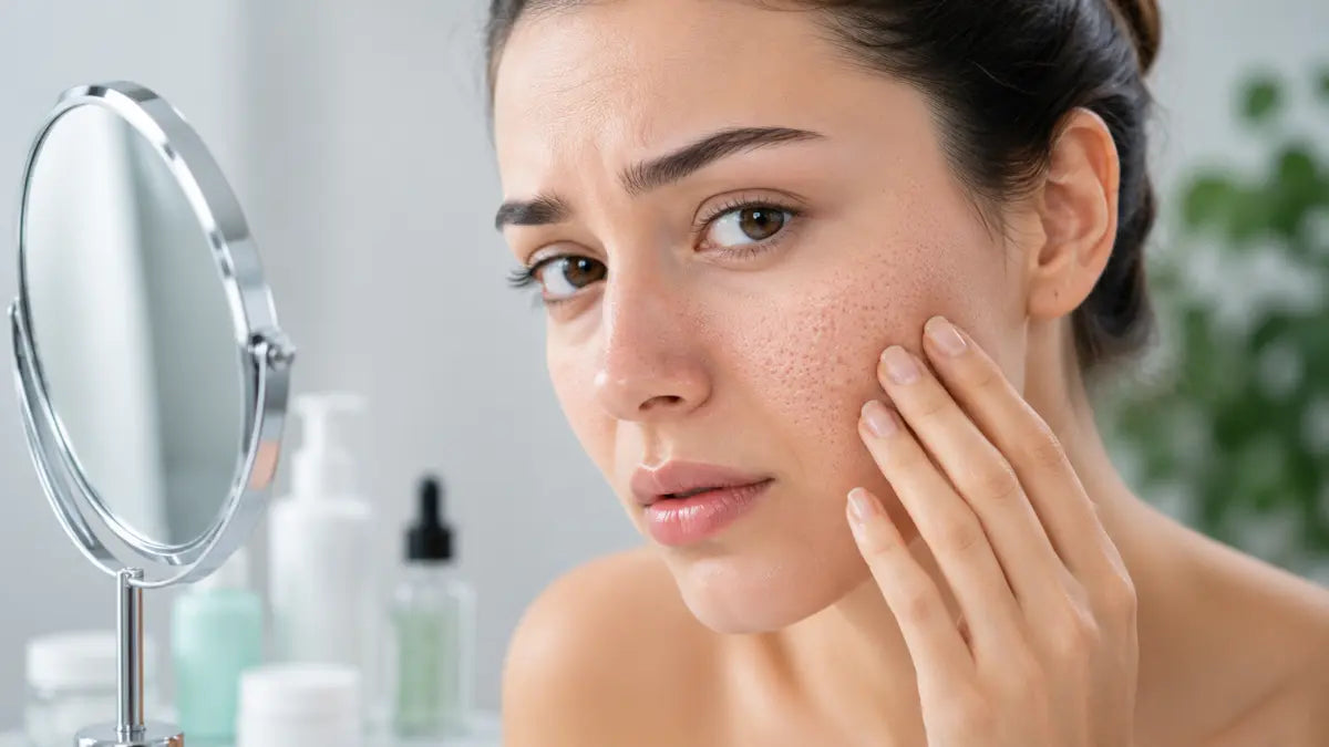 Close-up of a woman with healthy skin highlighting Causes Of Clogged Pores around the nose and cheeks.