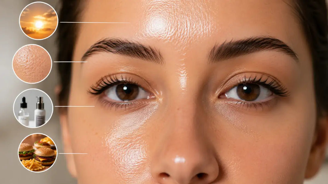 Woman with a shiny T-zone demonstrating Causes Of Oily Skin Shine before applying skincare.