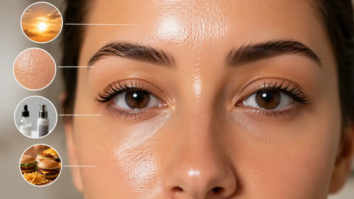 Woman with a shiny T-zone demonstrating Causes Of Oily Skin Shine before applying skincare.