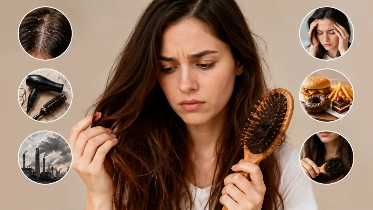 Woman examining hair while learning about Causes of Slow Hair Growth and scalp health
