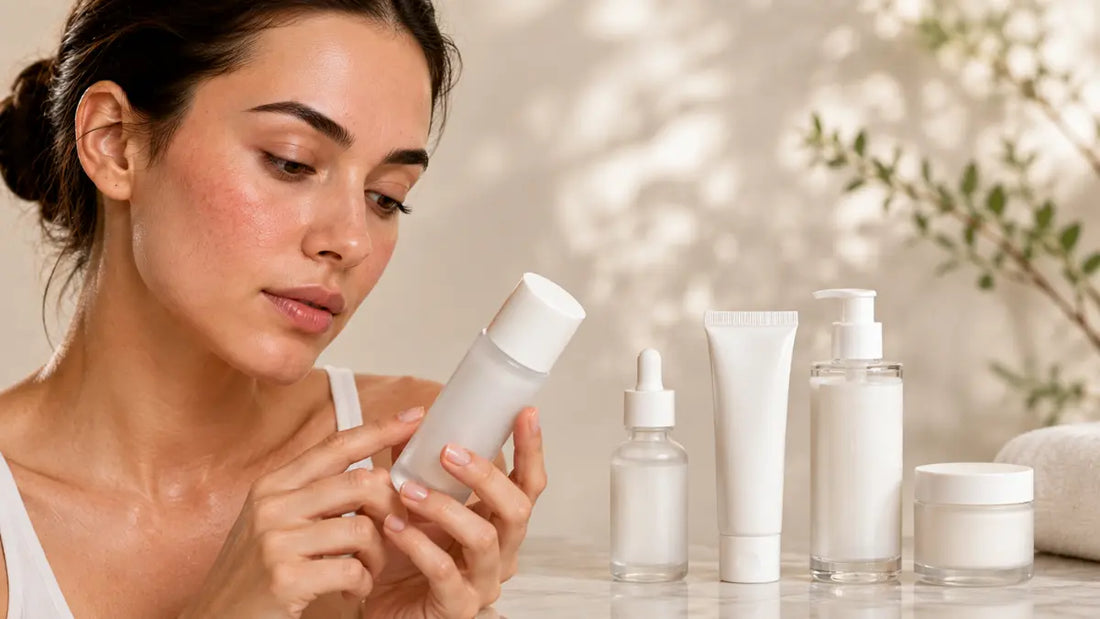Woman Choosing Products For Sensitive Skin while comparing gentle skincare products for a simple daily routine.