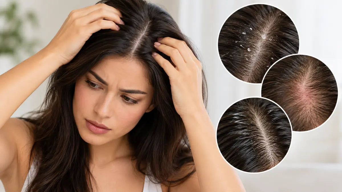 Woman checking her scalp while learning about Common Scalp Problems including dryness, flakes, oiliness, and irritation.