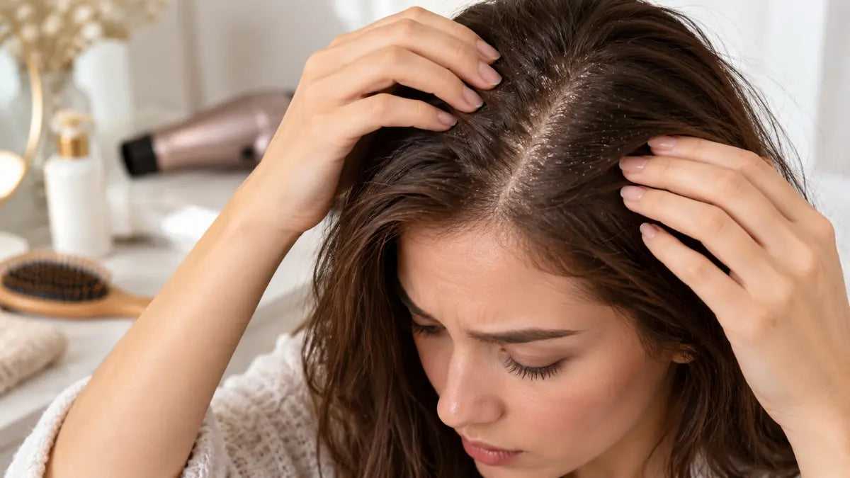 Woman examining flakes while learning about Dry Scalp Causes and everyday habits that may increase scalp dryness and tightness.