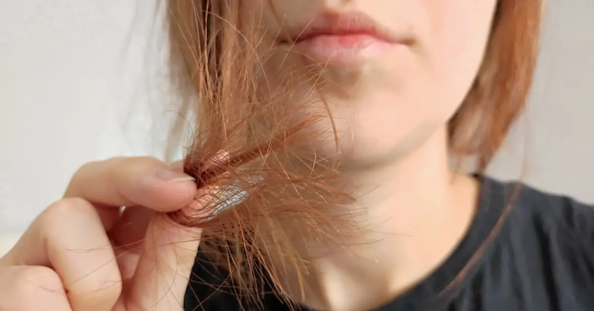Woman applying hair serum for dry and damaged hair treatment to improve softness and reduce frizz and breakage