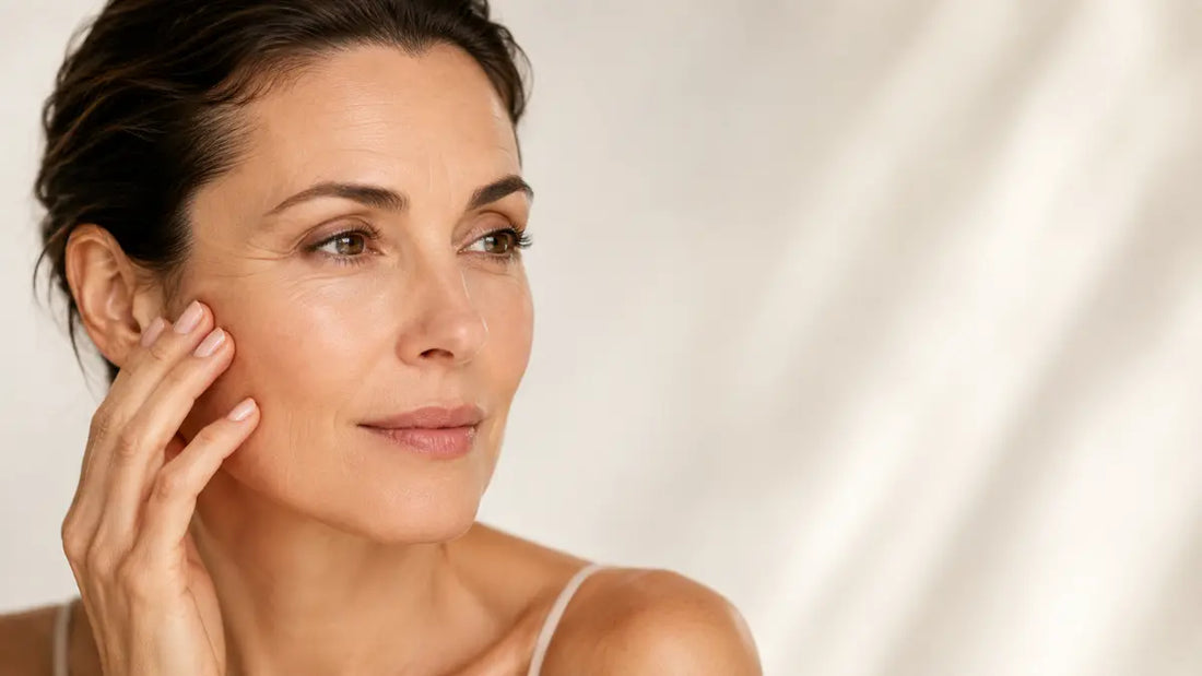 Woman showing Early Signs Of Aging such as fine lines, dryness, dullness, and uneven skin tone.