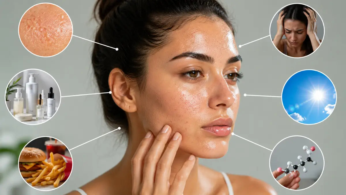 Woman with shiny oily skin following a skincare routine for Excess Sebum Production.