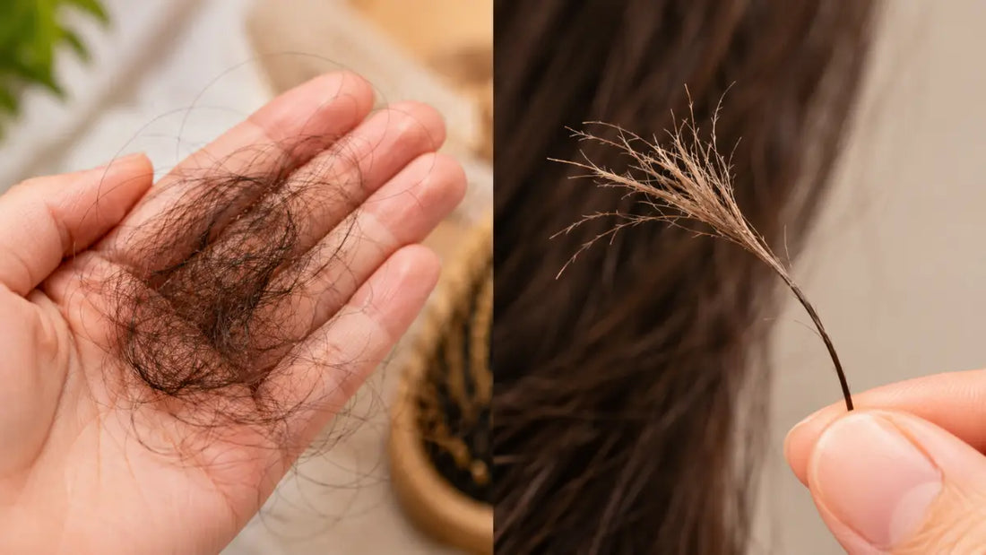 Hair Breakage Vs Hair Loss comparison showing broken strands and hair shed from the root.