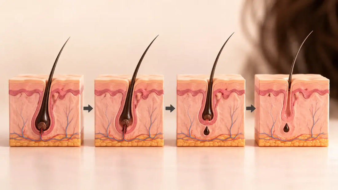 Illustration showing the Hair Growth Cycle and different stages of hair growth within the scalp