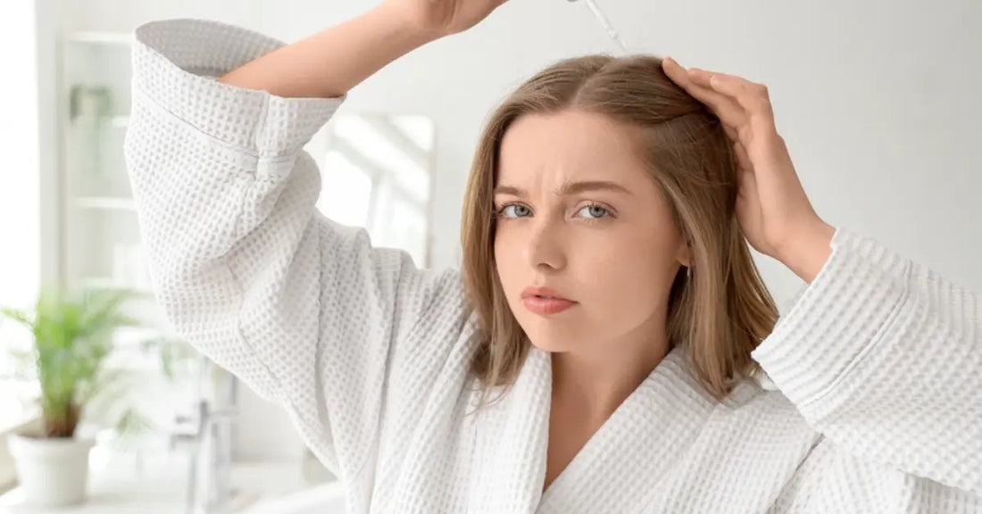 Woman checking her scalp and applying a Hair growth serum