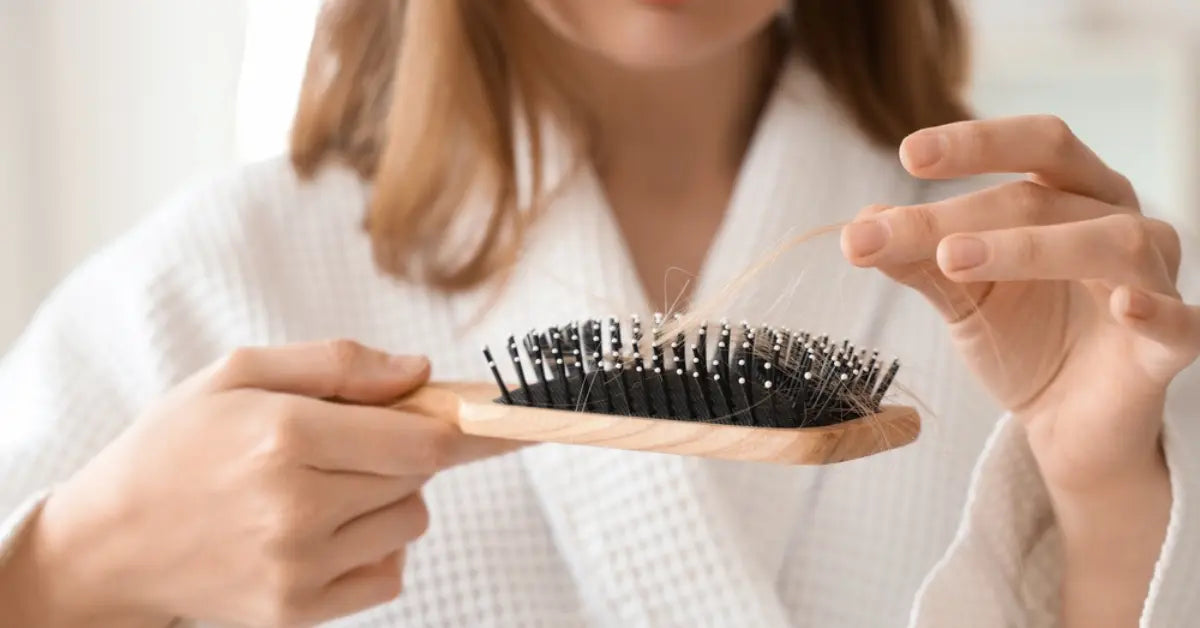 Hair strands falling after shower while person checks scalp and damaged hair in bathroom mirror