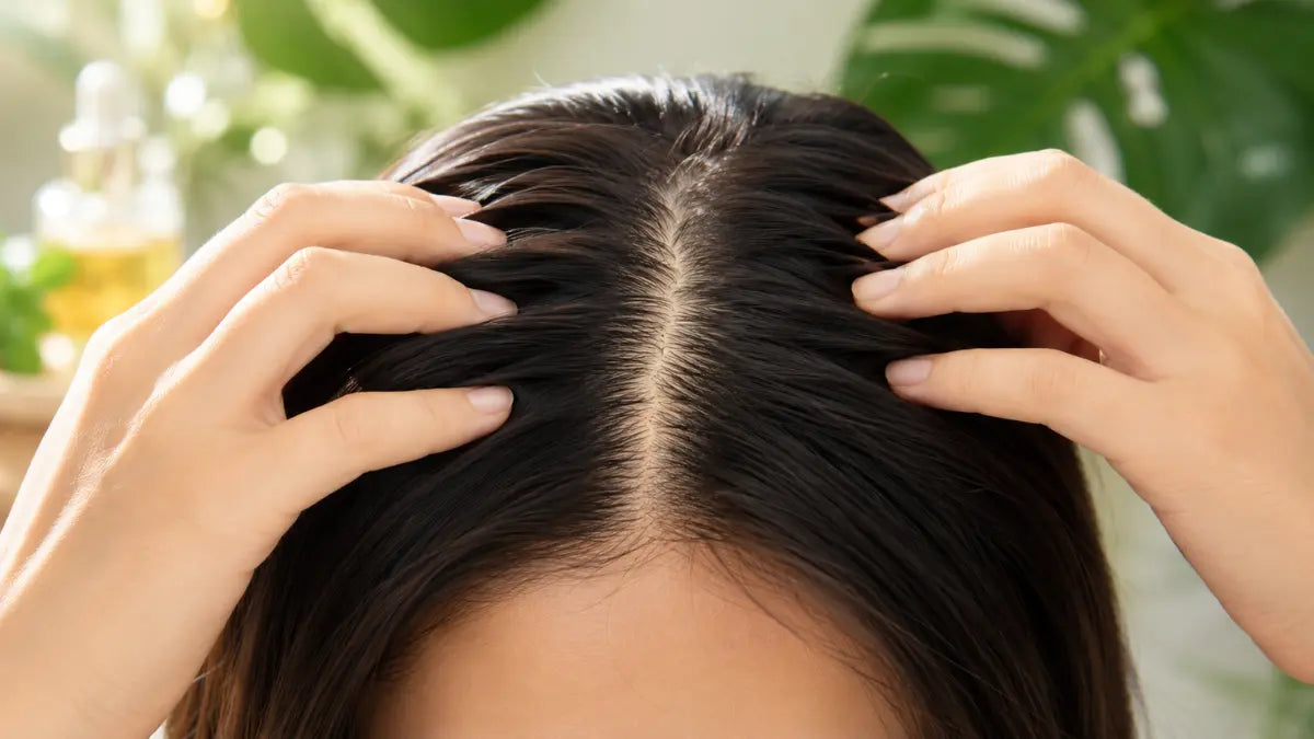 Healthy Scalp Guide showing a clean, balanced scalp with healthy shiny hair.