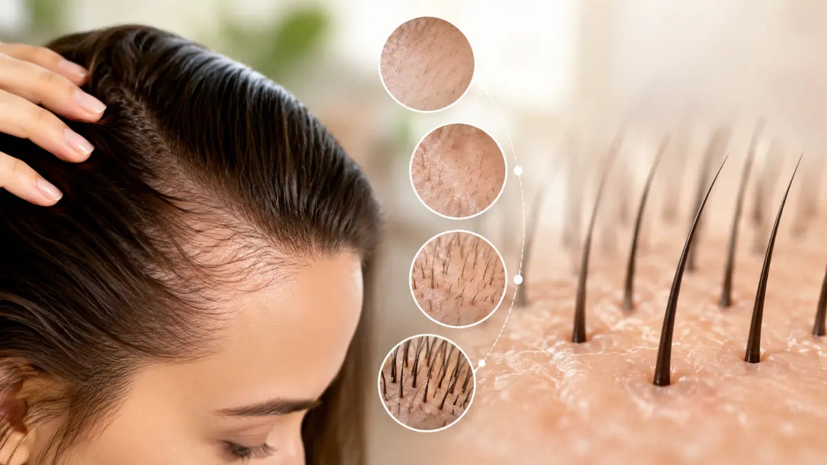 Healthy scalp and growing hair strands illustrating How Long Does Hair Growth Take naturally