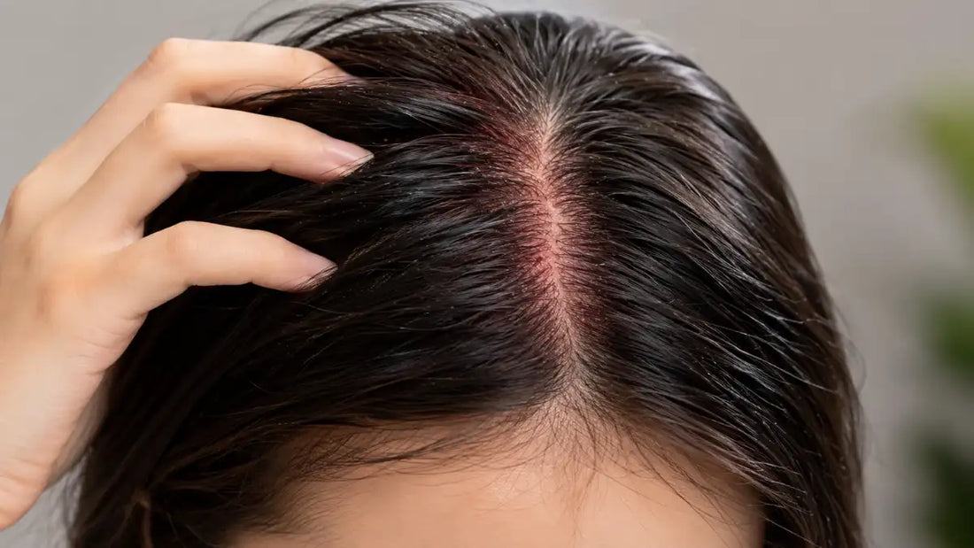 Woman gently examining an irritated scalp while following an Irritated Scalp Care routine.