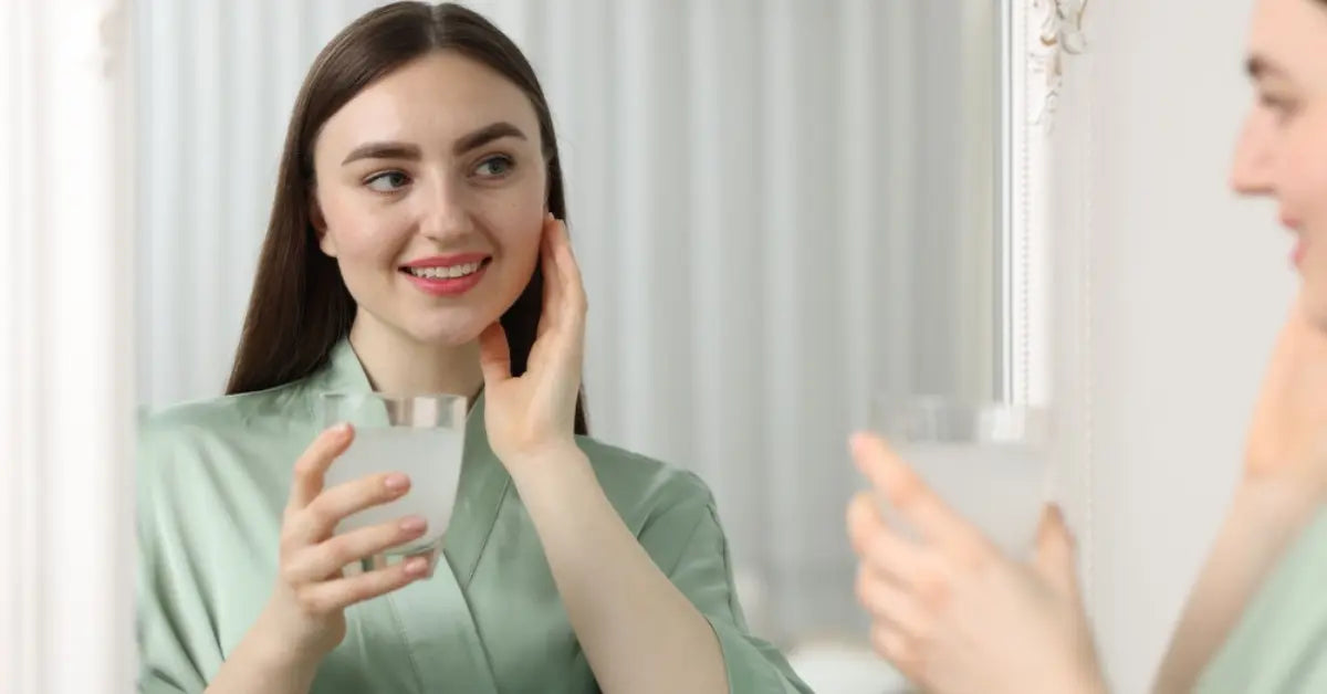 Woman following a morning skincare routine for oily skin using cleanser serum moisturizer and sunscreen for fresh balanced skin