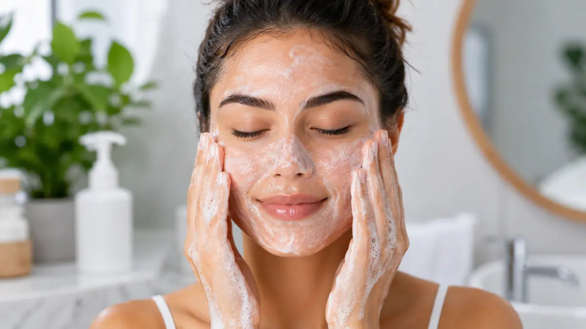 Woman washing her face as part of an Oily Skin Cleansing routine for healthy, balanced skin.