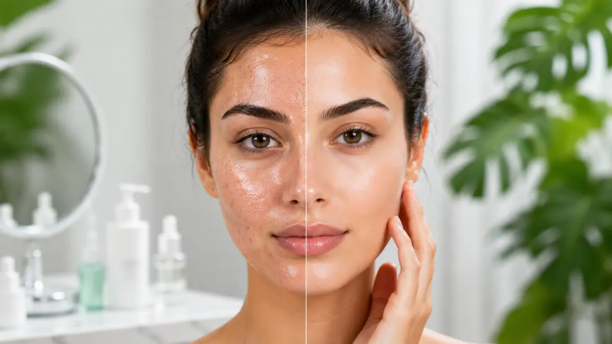 Woman following a skincare routine to Reduce Facial Oil with gentle cleansing and lightweight skincare products.