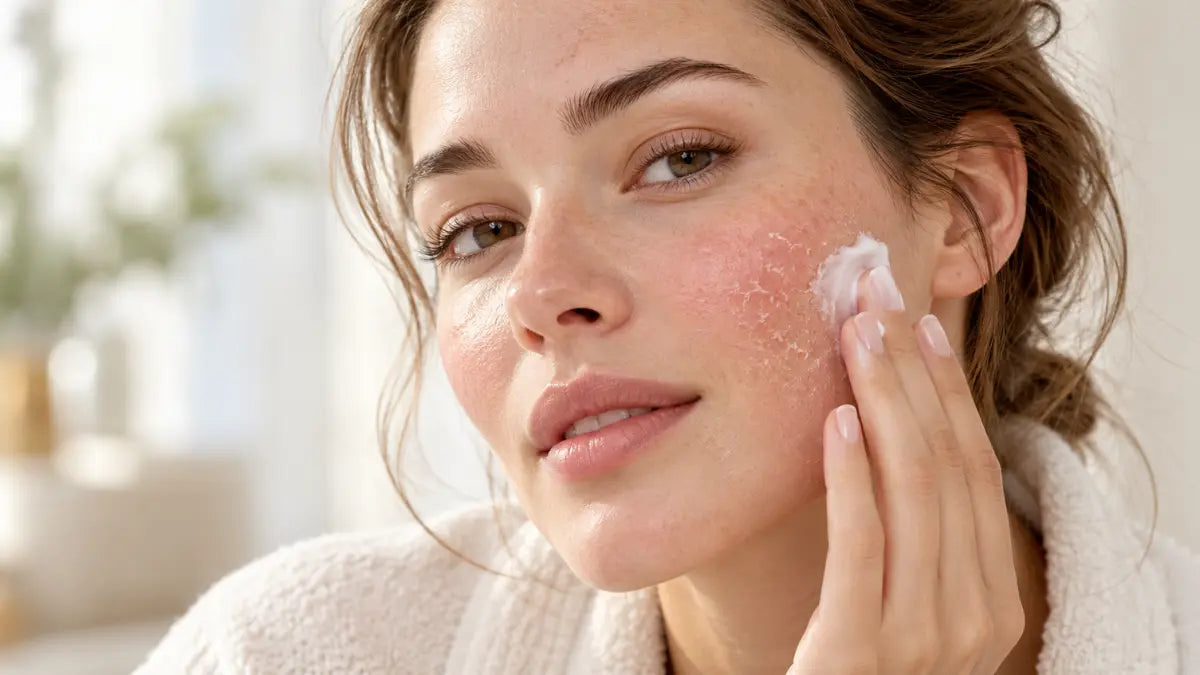 Woman with Sensitive Skin And Dryness applying a gentle moisturizer to relieve tightness and support a calmer-looking complexion.