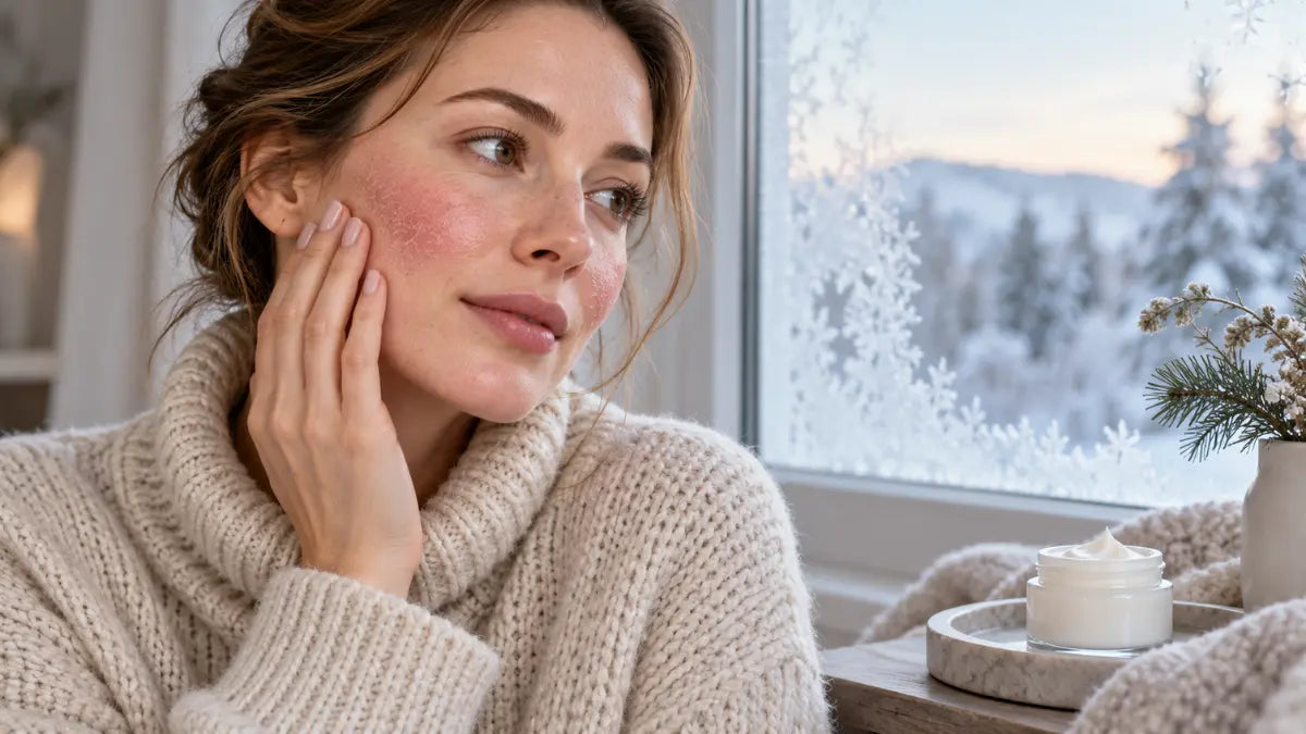 Woman caring for Sensitive Skin In Winter with a gentle moisturizer to reduce dryness, tightness, and seasonal discomfort.