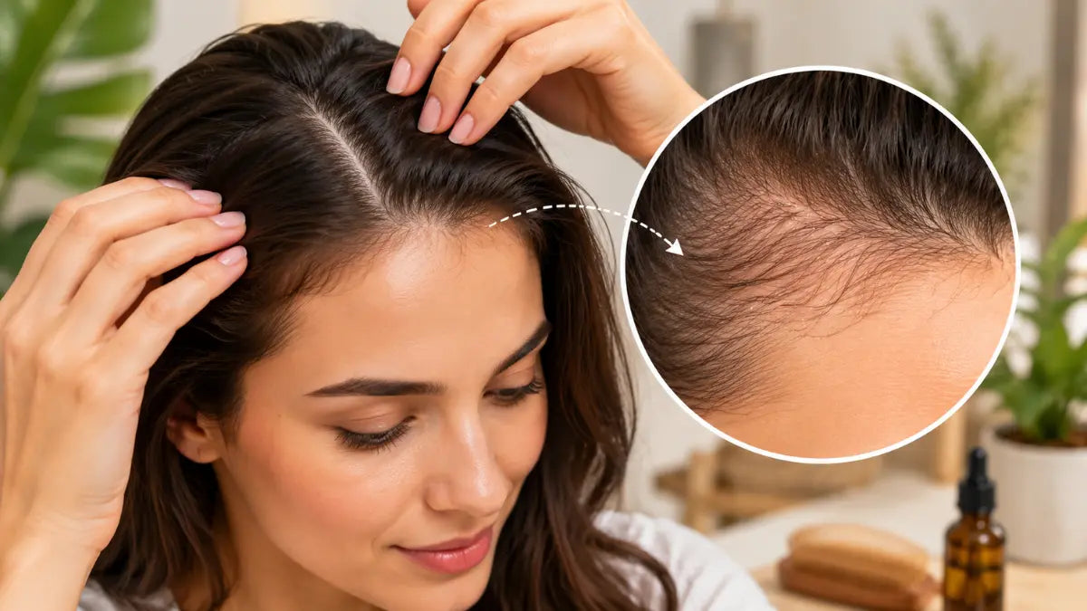 Signs of New Hair Growth appearing as short healthy baby hairs along the hairline and scalp.