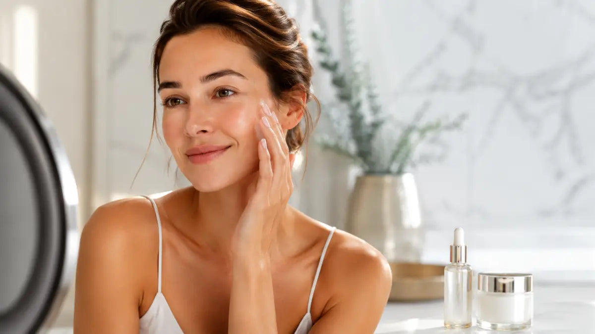 Woman following a Skincare After 30 routine with serum, moisturizer, and sunscreen for hydrated, healthy-looking skin.