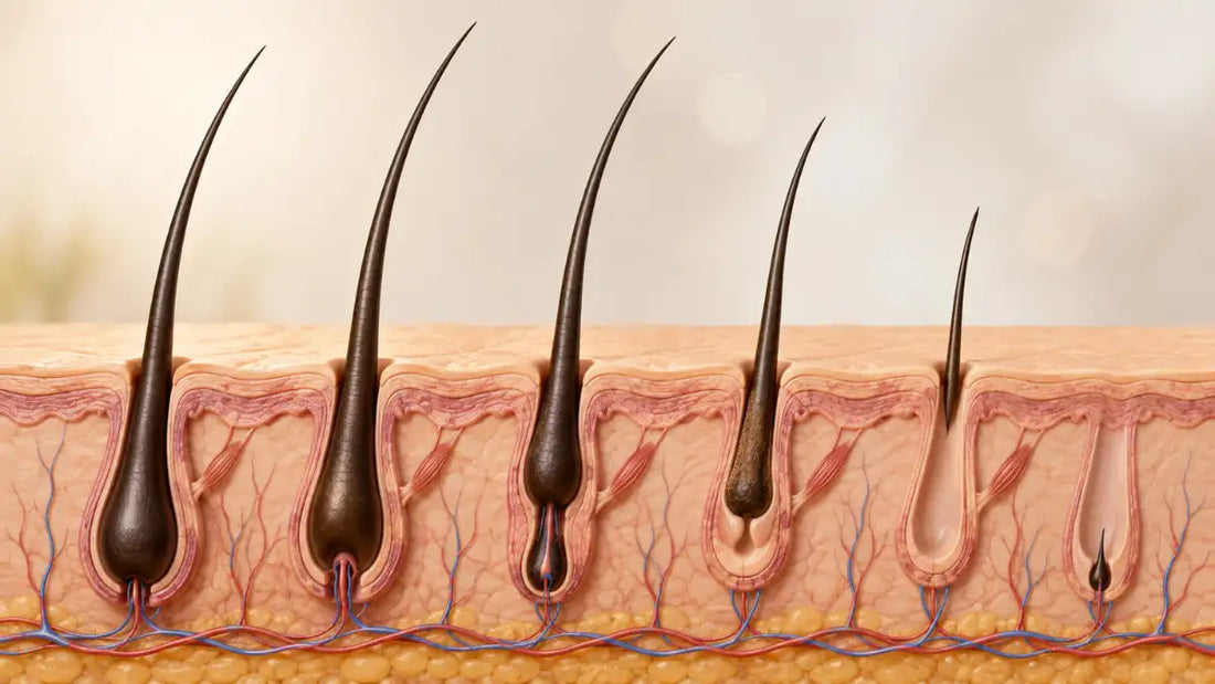Illustration showing the Stages Of Hair Growth through healthy hair follicles.