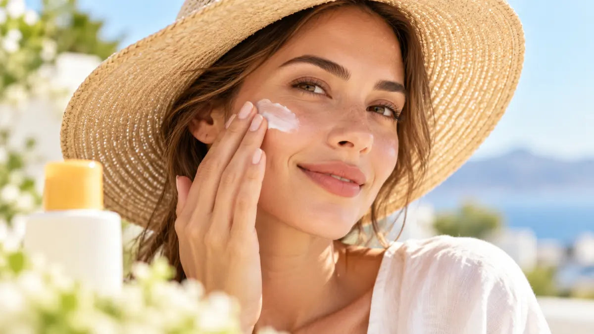 Woman practicing Sun Protection For Skin with sunscreen, sunglasses, and shade during a bright day in Egypt.