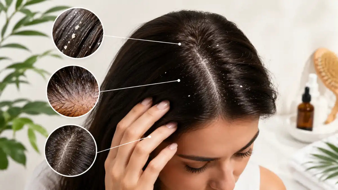 Different Types Of Dandruff on the scalp including dry and oily dandruff.