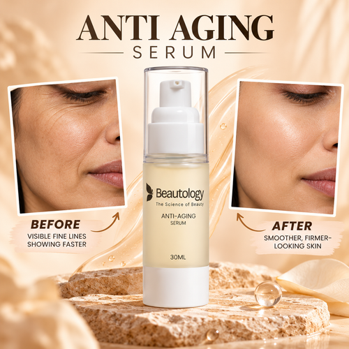 Beautology Anti-Aging Serum before and after: visible fine lines before use, smoother firmer-looking skin after use
