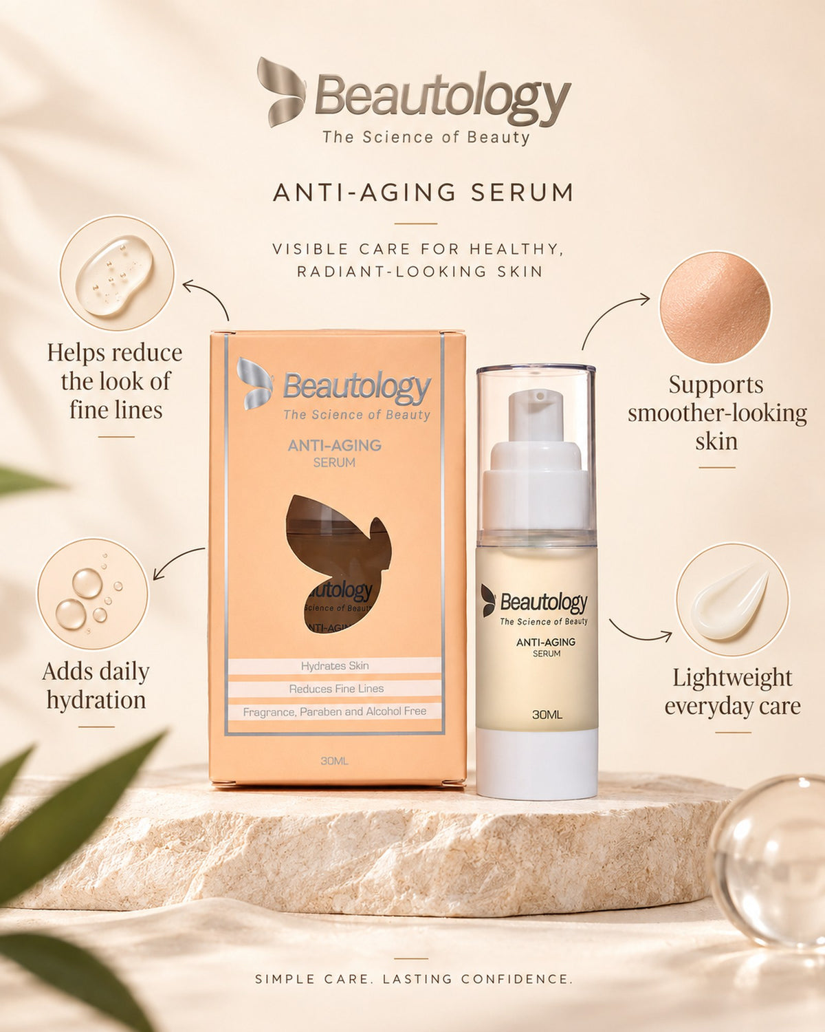 Anti-Aging Serum at a glance: helps reduce the look of fine lines, supports smoother-looking skin, adds daily hydration, lightweight care
