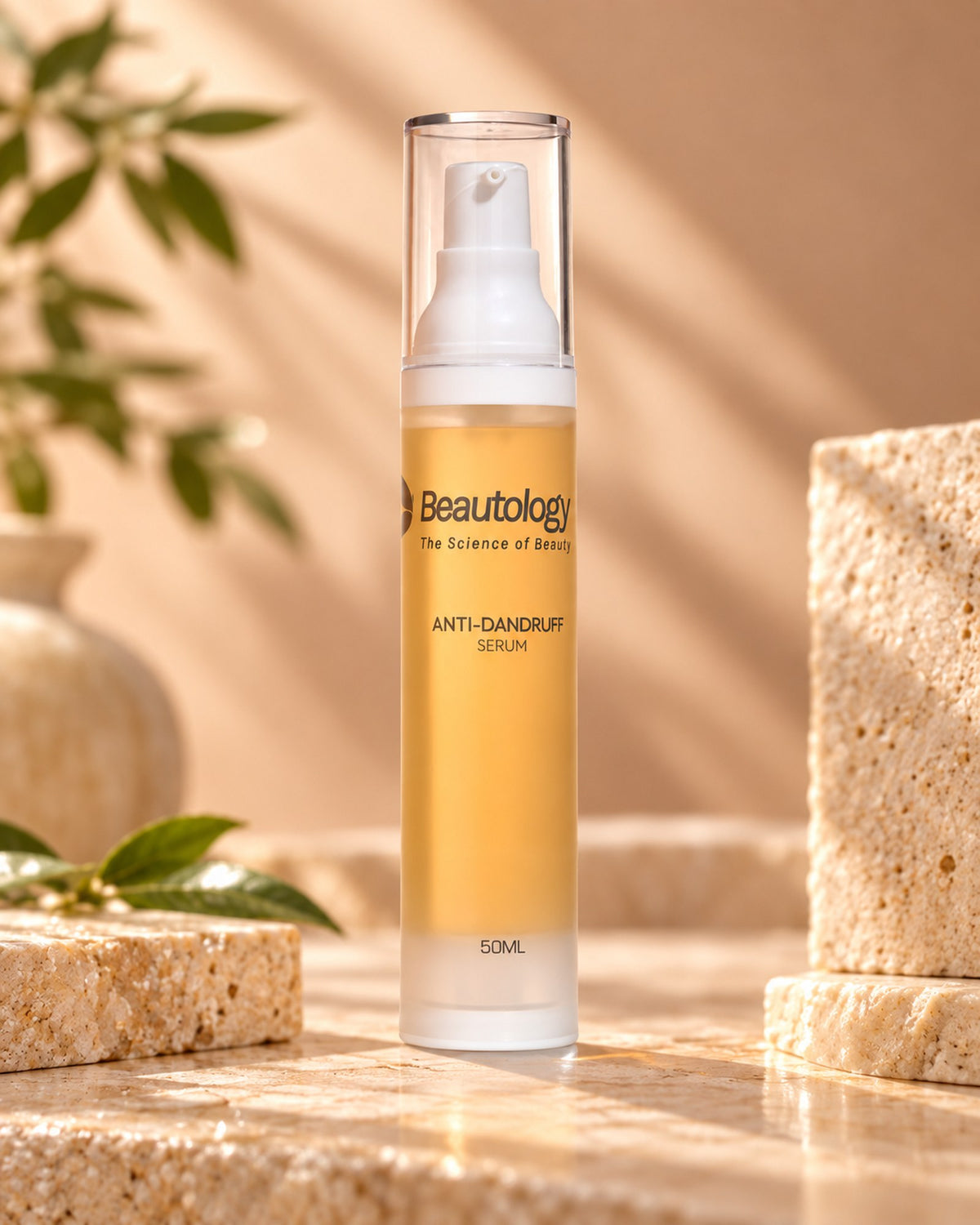 Beautology Anti-Dandruff Serum in soft sunlight beside a stone vase and green leaves