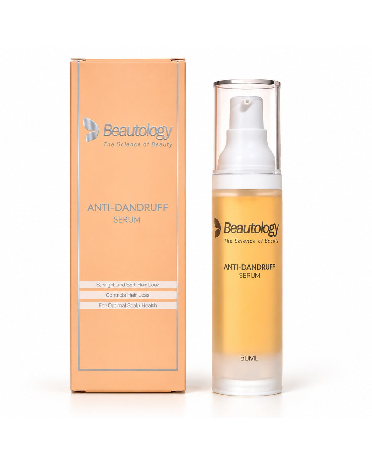 Beautology Anti-Dandruff Serum bottle beside its peach packaging box