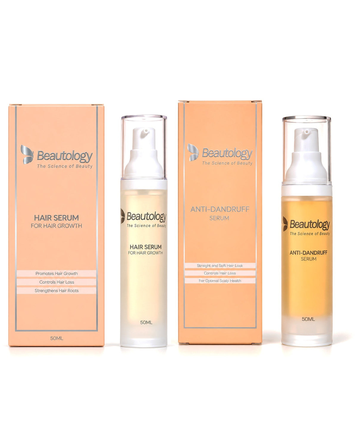 Beautology Hair Care Bundle: Hair Growth Serum and Anti-Dandruff Serum, both 50ml, each with its box