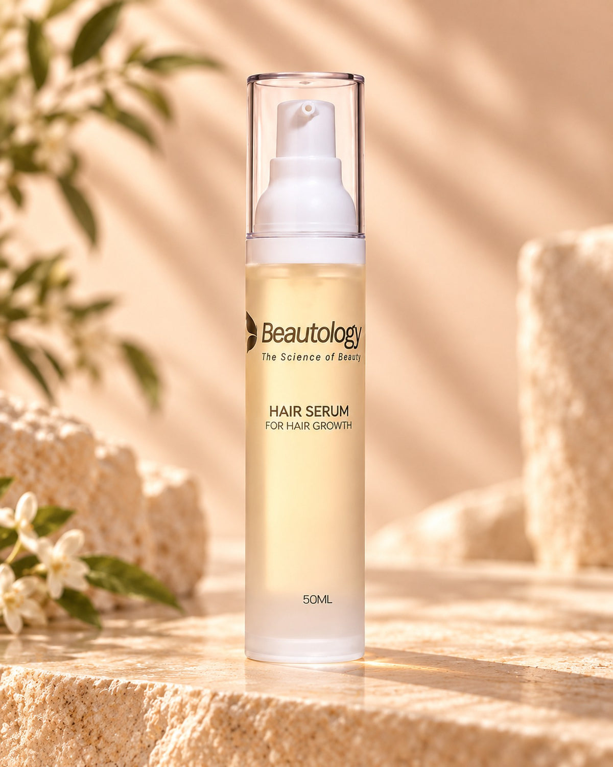Beautology Hair Growth Serum in warm sunlight on a stone ledge with white blossoms