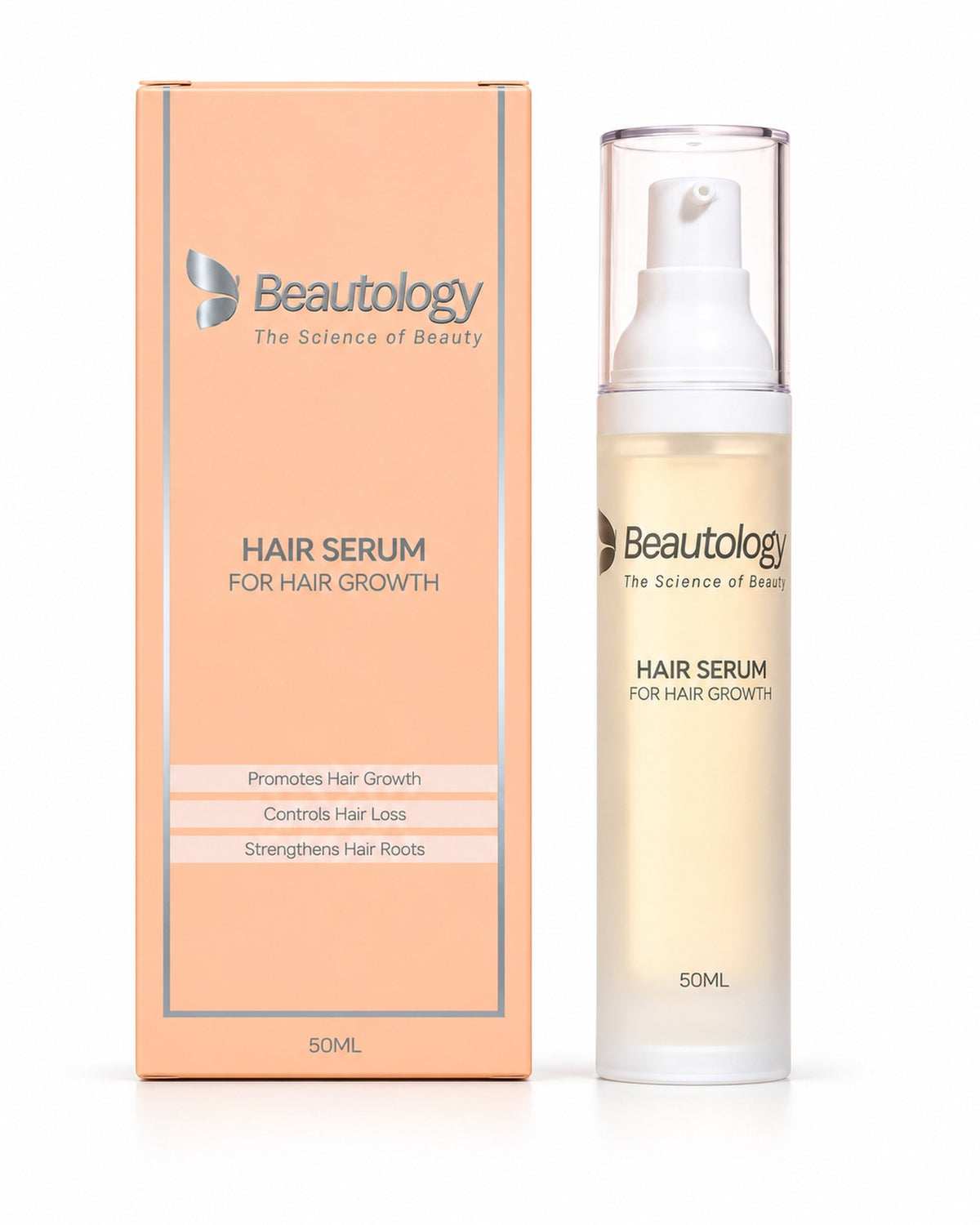 Beautology Hair Growth Serum bottle beside its peach packaging box