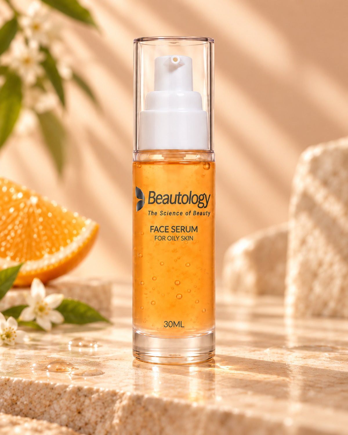 Beautology Face Serum for Oily Skin glowing amber in sunlight beside a slice of orange