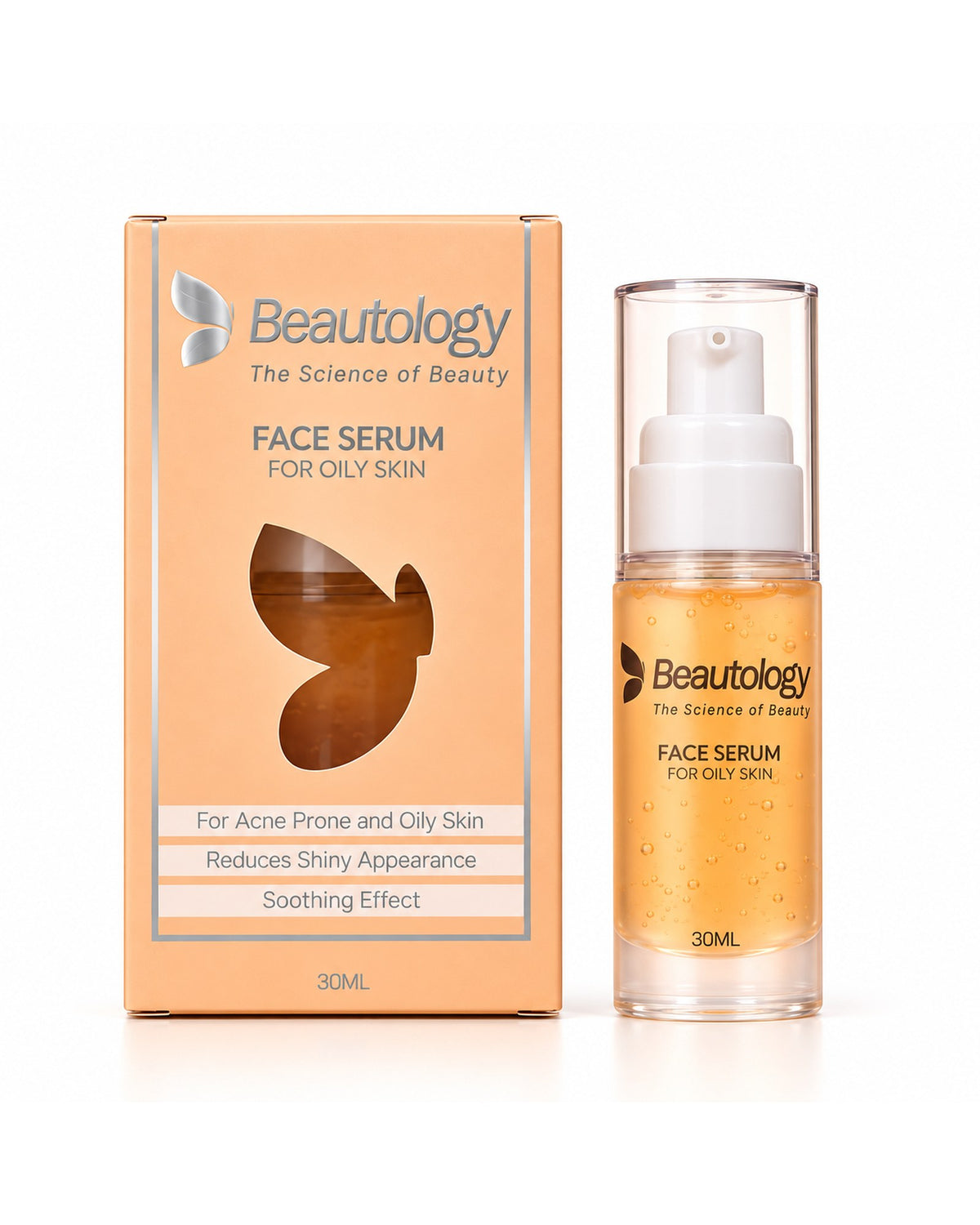 Beautology Face Serum for Oily Skin bottle beside its peach packaging box