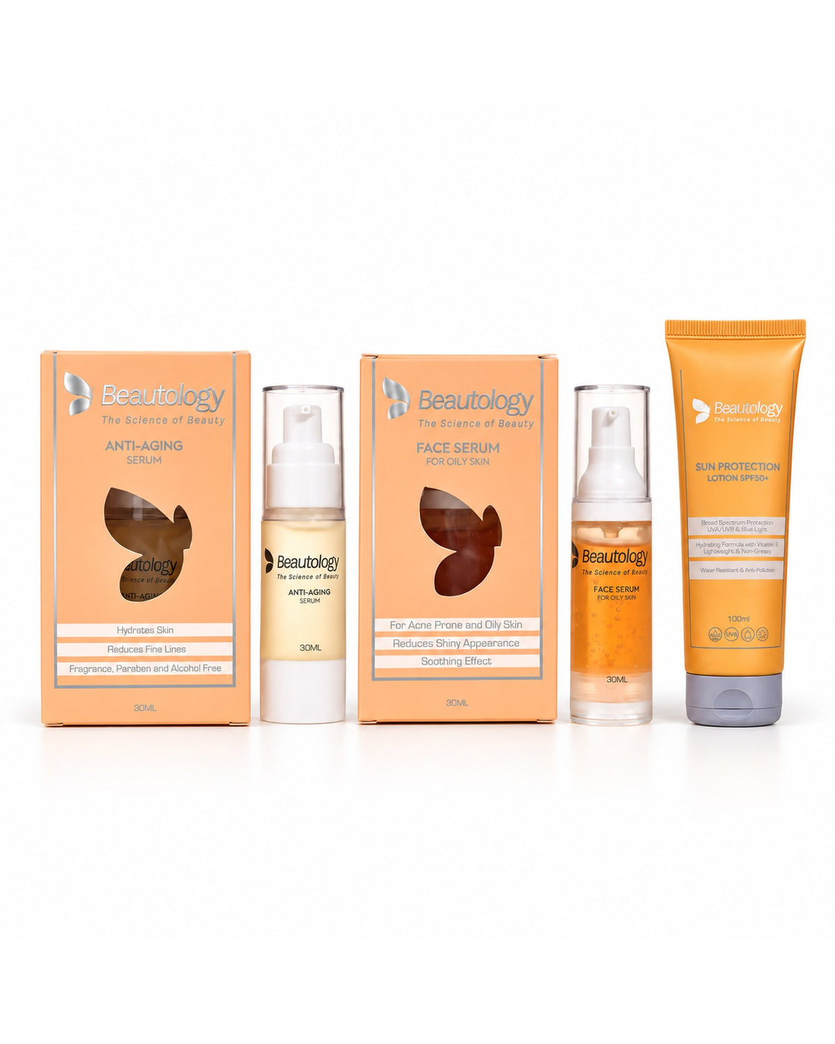 Beautology Skin Care Bundle: Anti-Aging Serum, Face Serum for Oily Skin and Sun Protection Lotion SPF50+, each with its box