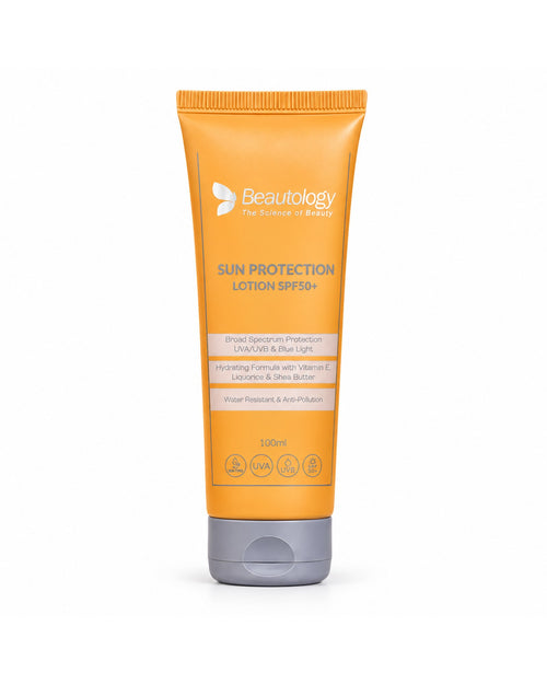 Beautology Sun Protection Lotion SPF50+, 100ml tube, on a plain white background