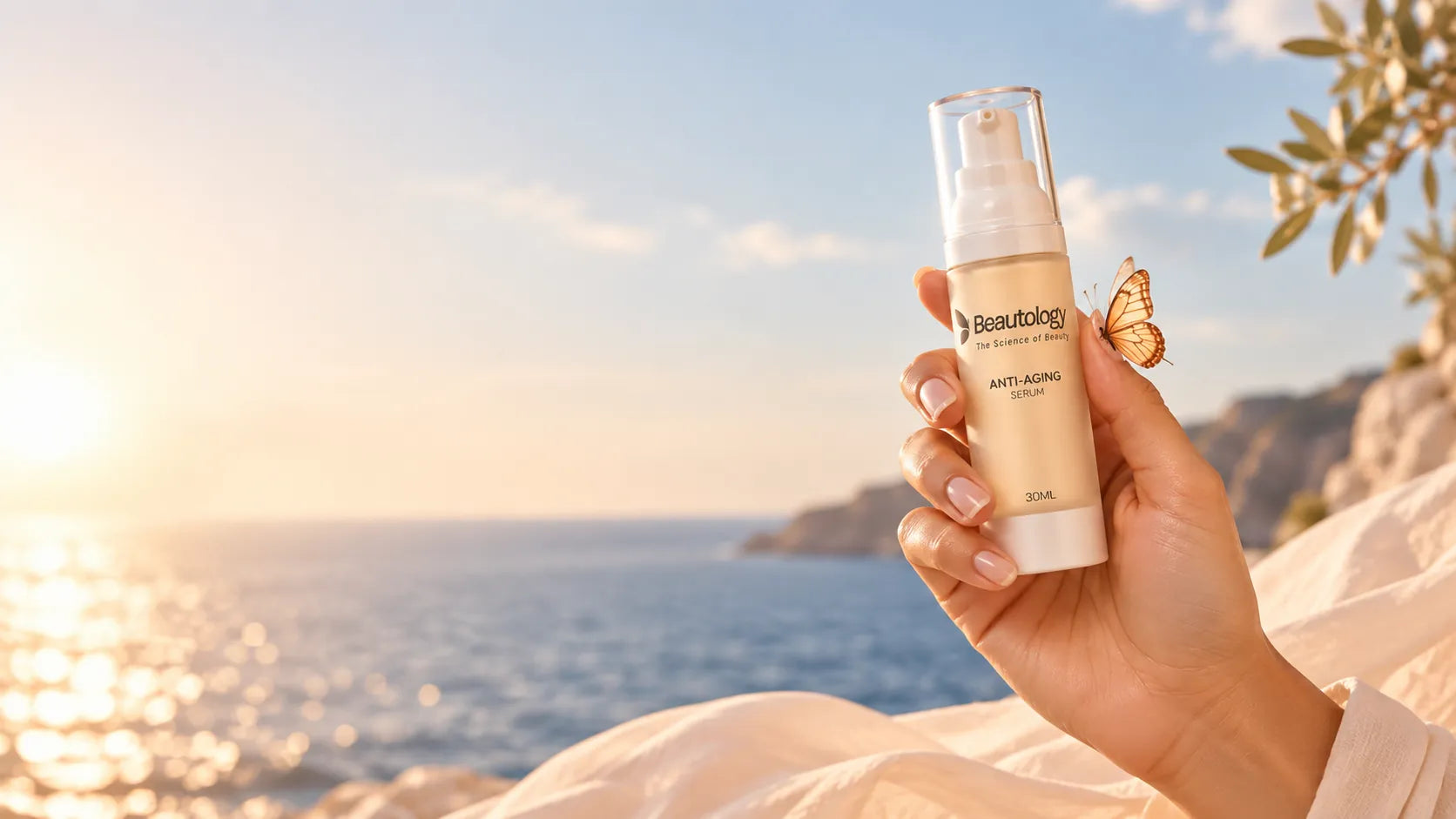 A hand holding the Beautology Anti-Aging Serum against a sunlit coastal horizon, a butterfly resting on the bottle.